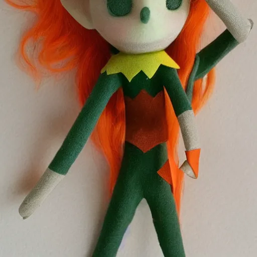 Image similar to Short, elf, grey skin with a green undertone, orange/red hair, ears are 3 inches long ending at a point, their eyes are like a pale yellow light all iris (no black or white), uhhh they have deer like legs that bend backwards to allow for faster movement, and they are both masc and femme equally so I don’t have to choose a gender dramatic lighting, illustration by Greg rutkowski, yoji shinkawa, 4k, digital art, concept art, trending on artstation