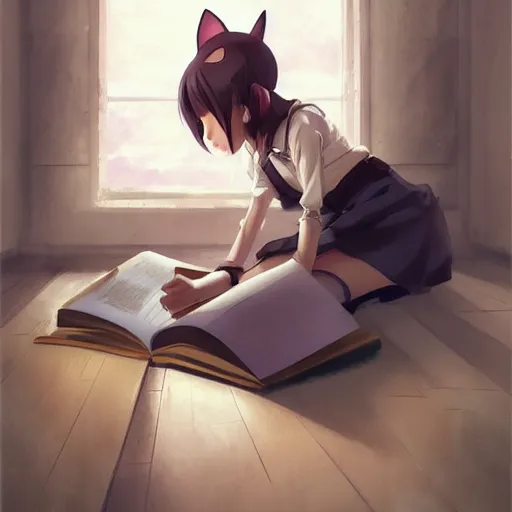 Image similar to Girl with cat ears studying from a textbook, by WLOP, by Artgerm, by Makoto Shinkai, digital art, trending on artstation, anime style, beautiful lightning, atmospheric