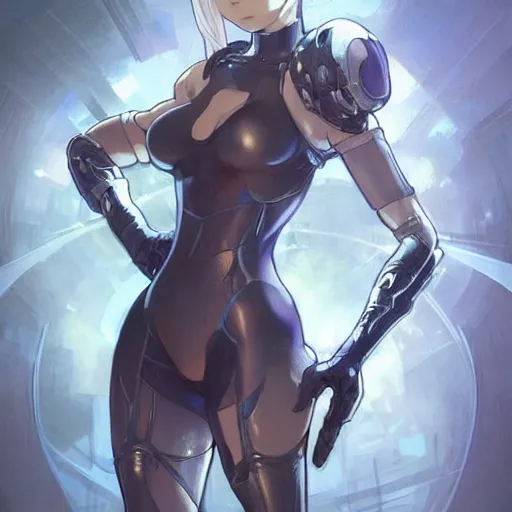 Prompt: a digital concept art by artgerm and greg rutkowski and alphonse mucha. clear portrait of 2 b nier automata in a skintight suit aiming a gun!! hyper detailed, character concept, full body!! dynamic pose, glowing lights!! intricate, elegant, highly detailed, digital painting, artstation, concept art, smooth, sharp focus, illustration