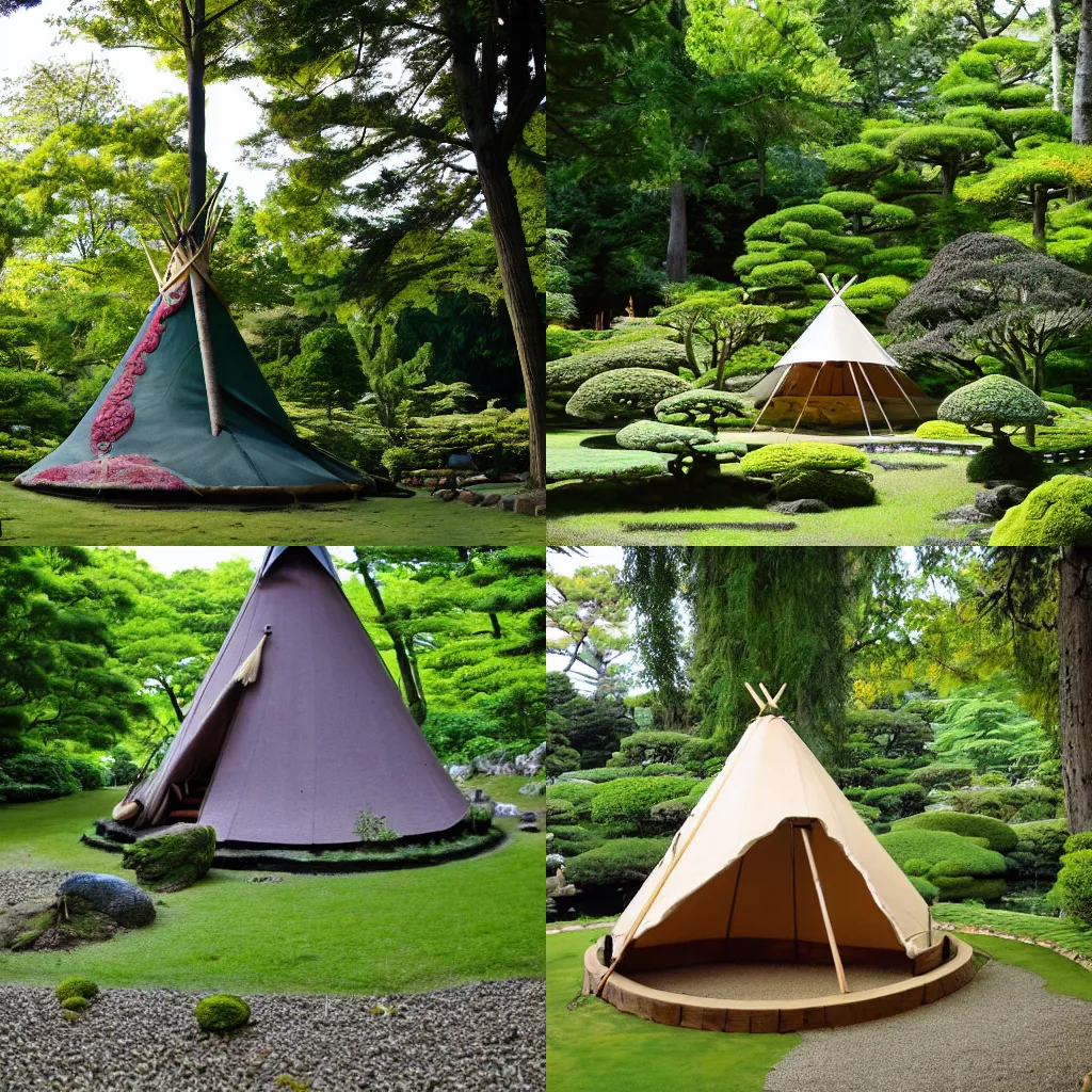 Prompt: rococo tipi in a Japanese garden