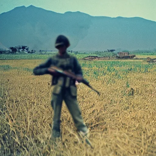 Image similar to film still, far view, landscape, emma watson soldier portrait close up in foreground, burning vietnam village, kodak ektachrome, blue tint expired film,