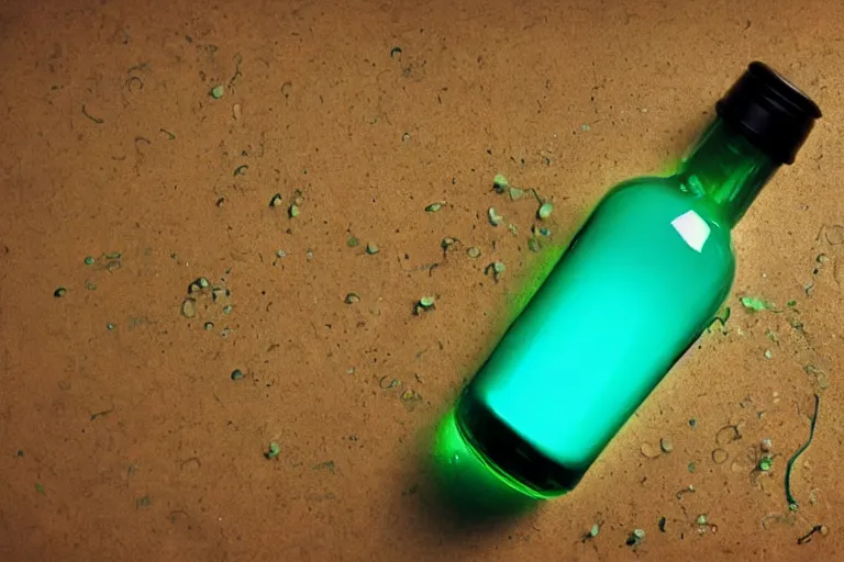 Image similar to small potion with a cork top filled with a green and turquoise gradient liquid, magical potion, glowing liquid, fantasy, on a desk, old film photo