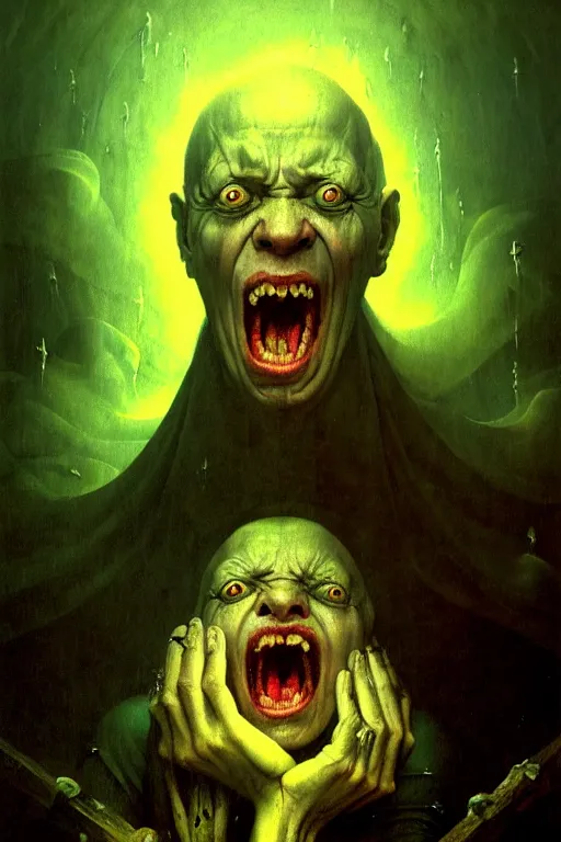 Image similar to hieronymus bosch, greg rutkowski, anna podedworna, close up portrait of bjornson, screaming, insane eyes, mad, god rays, wide shot of a graveyard lit by spooky green lights