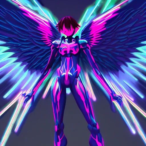 Prompt: evangelion biblical angel invaders with neon wings in a dim dark forest colorful 4 k path traced high definition detailed artstation realistic trending dramatic lighting dark and light contrast