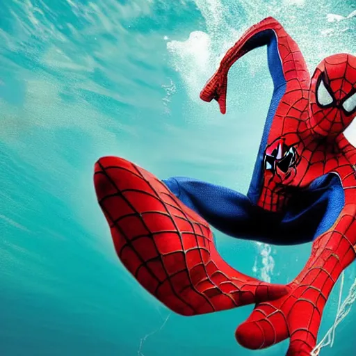 Image similar to photo real of spiderman swimming