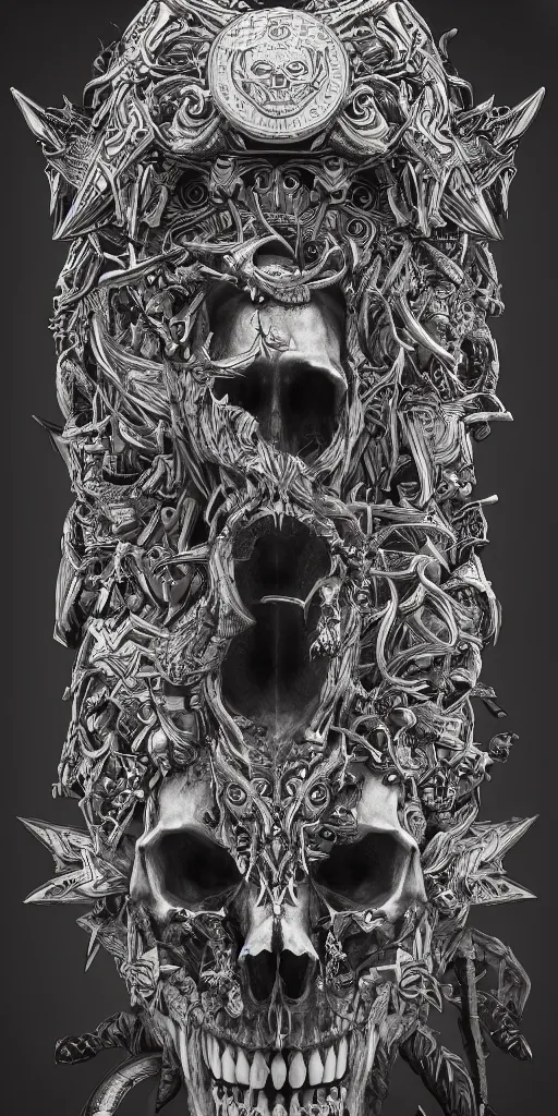 Prompt: A totem with a skull and an wolf, coherent, symmetrical, intricate, high detail, digital painting, hyper realism, octane render, 4k, trending on artstation