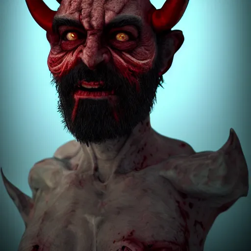 Image similar to A portrait of a Rabbi that is the devil with horns looking at the camera in anger, satan, red skin, dark, ominous, haunting, sinister, close-up, studio lighting, realism, 8k, 3D render, octane 3D, maya, cinema 4D, Blender, red lighting, scary, horror, dark,