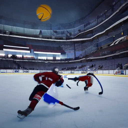 Image similar to cats playing ice hockey, unreal engine 5 4 k, hyperdetailed photorealism, extremely high quality