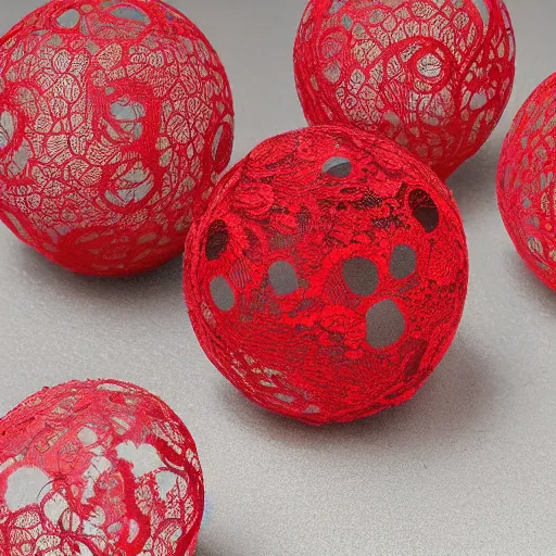 Prompt: lace spheres on a red cube