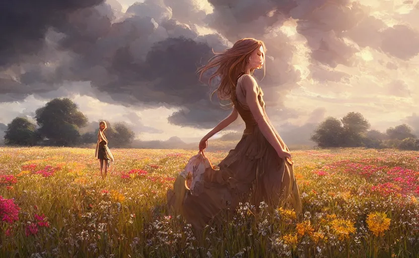 Image similar to detailed intricate digital illustration by greg rutkowski and artgerm and wlop and sanford robinson gifford ; girl standing in beautiful meadow with colorful flowers and puffy clouds in background ; 1 3 mm film, arri alfa anamorphic lens ; sharp focus, golden hour lighting, trending on artstation 4 k ; close view