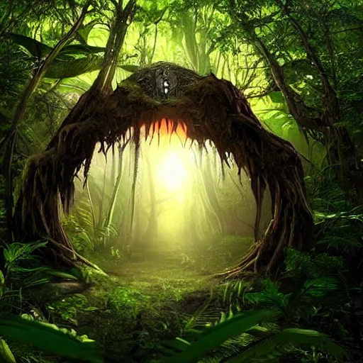 Image similar to horrific, shining portal embedded in a terrifying tree in a densely overgrown jungle, fantasy, dreamlike sunraise, ultra realistic, atmospheric, stopped in time, epic