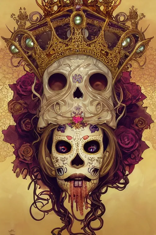 Prompt: sugar skull, a golden crown floating above his head, tentacles coming out the ground art by Artgerm and Greg Rutkowski and Alphonse Mucha and Craig Mullins and James Jean and Andrei Riabovitchev and Marc Simonetti and peter mohrbacher, sharp focus, ominous, cosmic horror, trending on artstation, Ultra detailed, hyper realistic 4k