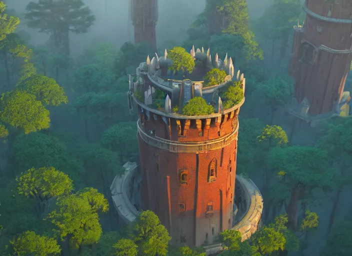 Image similar to overhead view of the great tower of the south in the magical forest of saporra, medium shot, studio ghibli, pixar and disney animation, sharp, rendered in unreal engine 5, anime key art by greg rutkowski, bloom, dramatic lighting