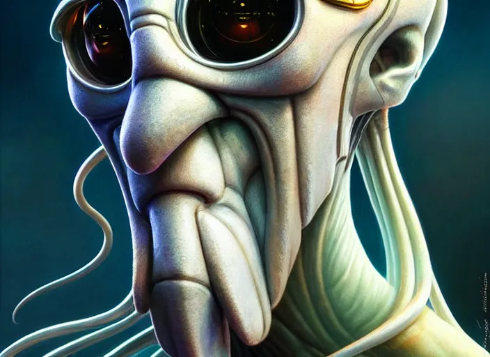 Prompt: portrait shot of squidward in cyberpunk 2 0 7 7, intricate, elegant, highly detailed, centered, digital painting, artstation, concept art, smooth, sharp focus, illustration, artgerm, tomasz alen kopera, peter mohrbacher, donato giancola, joseph christian leyendecker, wlop, boris vallejo