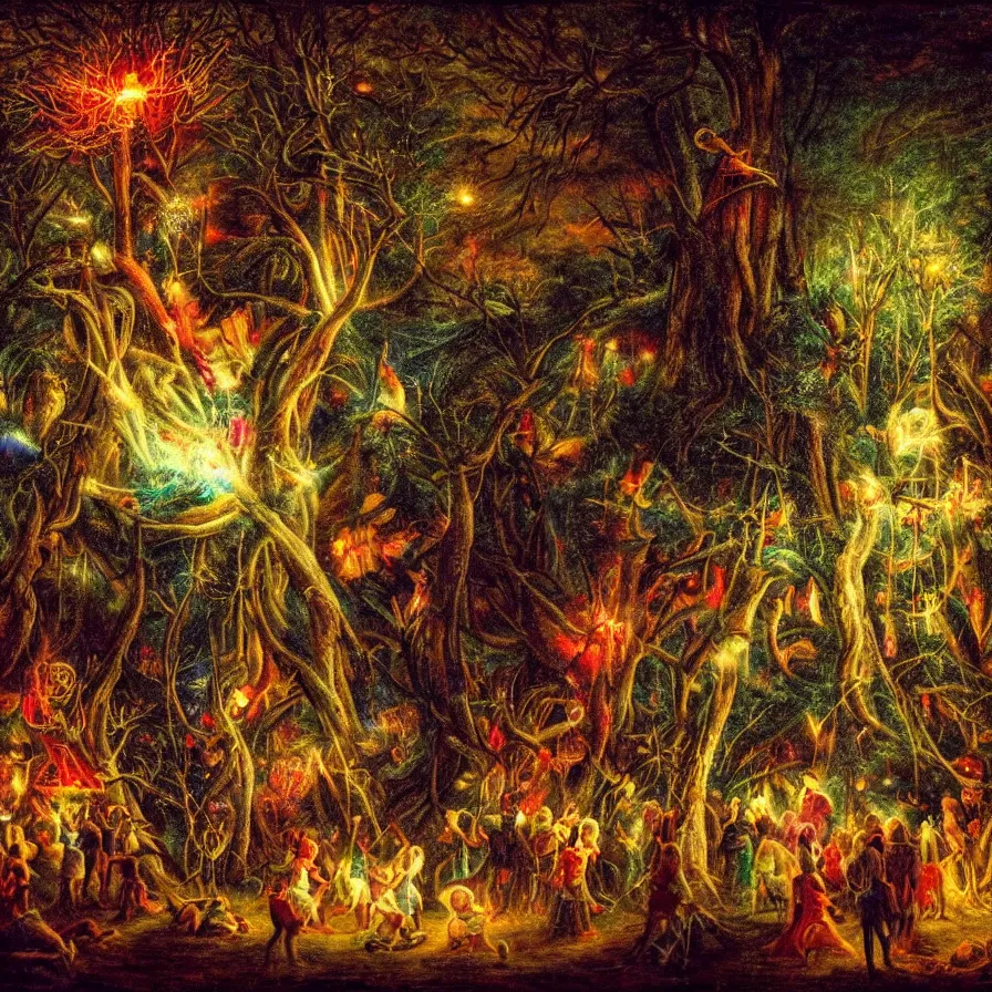Image similar to closeup of a night carnival inside a tree cavity in a magical forest in the middle of a summer storm, with a music scenario with many fireworks and christmas lights, volumetric lightning, instense god rays in the sky, folklore people disguised with fantastic creatures in a magical forest by summer night, masterpiece painted by fernand toussaint, very coherent and colorful high contrast masterpiece,