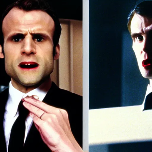 Image similar to vampire Emmanuel Macron in American Psycho (1999)