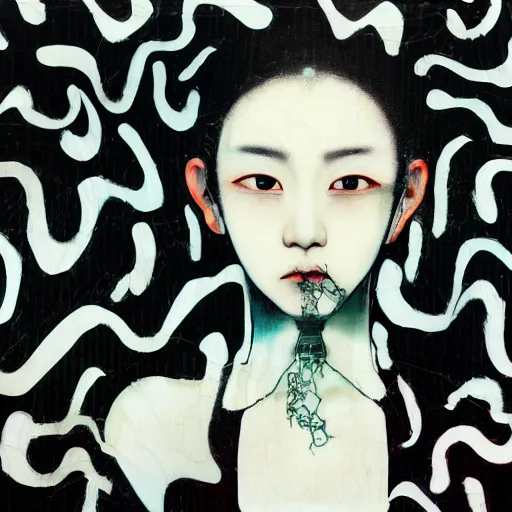 Image similar to yoshitaka amano blurred and dreamy realistic three quarter angle portrait of a k - pop idol with black lipstick and black eyes wearing dress suit with tie, junji ito abstract patterns in the background, satoshi kon anime, noisy film grain effect, highly detailed, renaissance oil painting, weird portrait angle, blurred lost edges