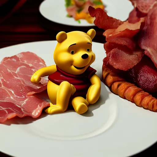 Image similar to close up of winnie the pooh with a plate of sausage and bacon and ham hock, cinematographic shot, photo 3 d