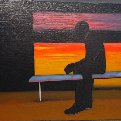 Prompt: oil on canvas, modern street art, a man sitting on a bench looking at the sunset, abstract