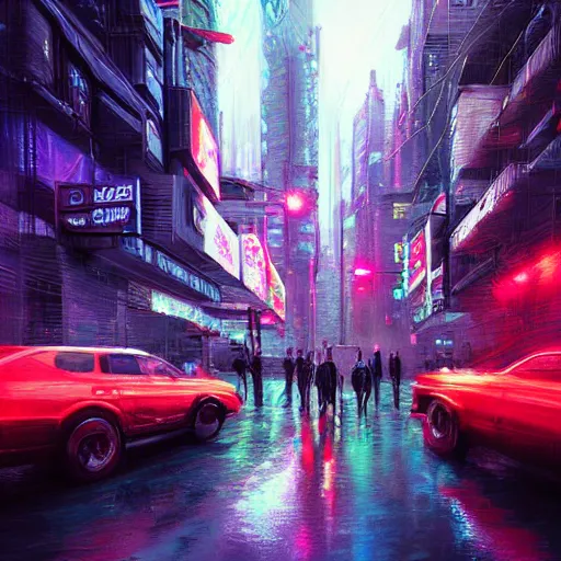 Image similar to Neon city, big street, people walking, Sergey Zabelin, cyberpunk, high detail, photo realistic, art station