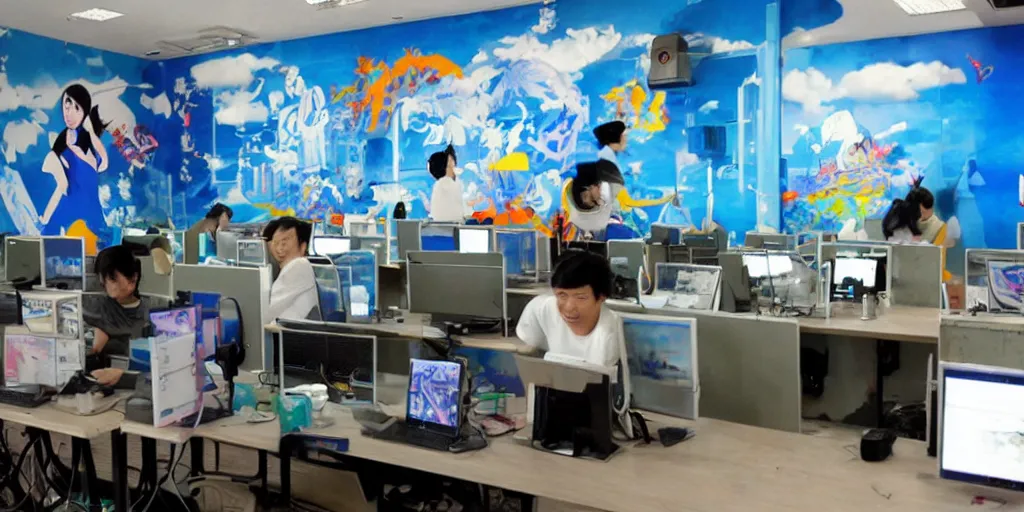 Image similar to a flickr screenshot of an abandoned internet cafe with a blue wall mural, and a japanese sign, with artworks of people playing on computers on the mural