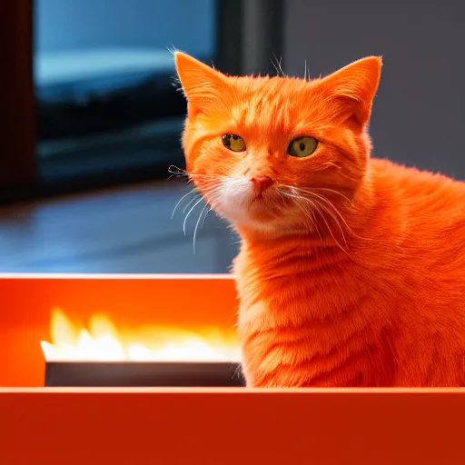 Image similar to an orange cat staring at a drawer ~ on fire ~ fire ~ high - resolution photo ~