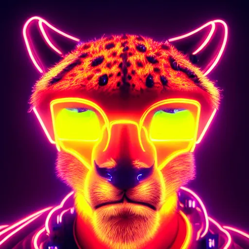 Image similar to a beautiful commission of a male anthropomorphic cheetah wearing a neon jacket,futuristic,detailed face,character design by charles bowater,mohawk,cyberpunk style,deviantart,artstation,art by greg rutkowski,ross tran,professional lighting,neon city,night,raytracing,rtx,highly realistic,4k,dramatic,hyperrealism