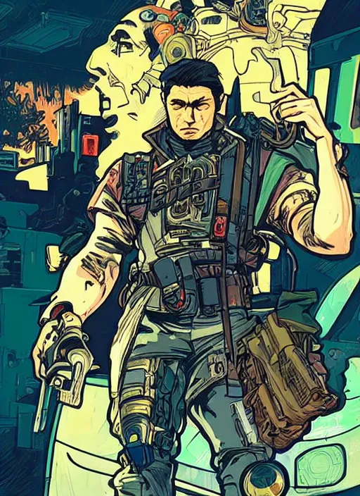 Image similar to hector. cyberpunk mercenary with scenic background. portrait illustration, pop art, art by ashley wood, alphonse mucha, laurie greasley and josan gonzales. cinematic. beautiful lighting.