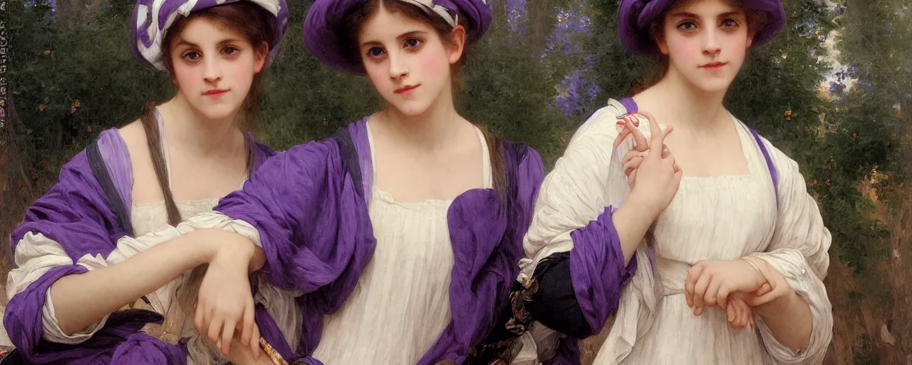 Image similar to Emma Watson wearing an oversized purple Beret, Purple overall shorts, Short Puffy pants made of silk, pointy jester shoes, a big billowy scarf, and white leggings. Rainbow accessories all over. Flowing fabric. Covered in stars. Short Hair. Art by william-adolphe bouguereau and Paul Delaroche and Alexandre Cabanel and Lawrence Alma-Tadema and WLOP and Artgerm. Fashion Photography. Decora Fashion. harajuku street fashion. Kawaii Design. Intricate, elegant, Highly Detailed. Smooth, Sharp Focus, Illustration Photo real. realistic. Hyper Realistic. Sunlit. Moonlight. Dreamlike. Surrounded by clouds. 4K. UHD. Denoise.