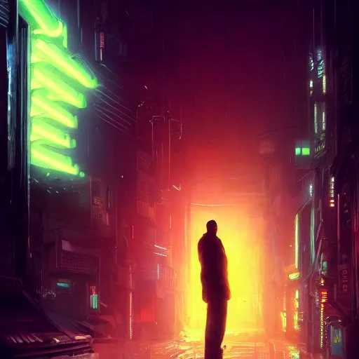 Prompt: a tall, broad-shouldered man standing in a neon lit alleyway, cyberpunk art, dramatic lighting, illustration by Greg rutkowski, yoji shinkawa, 4k, digital art, concept art, trending on artstation