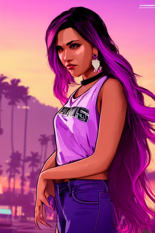 Image similar to a stunning GTA V loading screen with a beautiful woman with ombre purple pink hairstyle, hair blowing in the wind, hoop earrings, sunset mood, outrun, vaporware, retro, digital art, trending on artstation