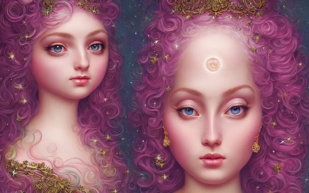 Image similar to a portrait a divine feminine goddess, rosey cheeks, sparkles on eyelids, long pink hair highly detailed, ultra realistic digital painting, rococo, artstation, concept art, pop, smooth, sharp focus, illustration, art by mark ryden and lisa frank 3 d 8 k ultra detailed