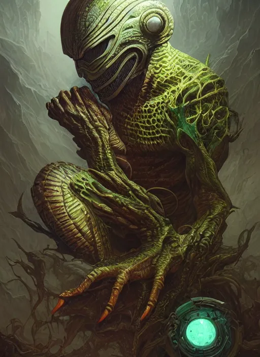 Image similar to spaceship mf doom reptile eyes, cosmic horror, intricate, elegant, highly detailed, centered, digital painting, artstation, concept art, smooth, sharp focus, illustration, artgerm, tomasz alen kopera, peter mohrbacher, donato giancola, joseph christian leyendecker, wlop, frank frazetta