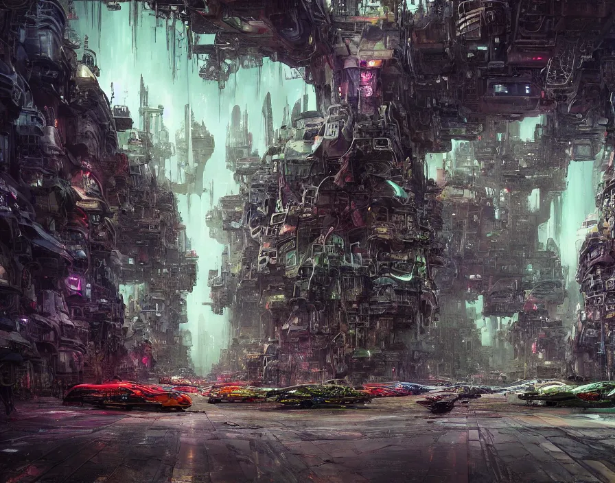 Image similar to street in dark alien city leading to park with with giant baobab trees and alien plants, perspective stretching upwards, a temple, huge alien buildings, bridges, puddles on ground, scifi, science fiction spacecraft, jagged blocks of stone, multicoloured, hr giger, john berkey, daniel dociu, jeremy mann,