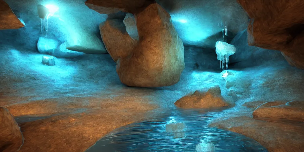 Image similar to mystical cavern underground, crystal, vivid, water, puddles, rocky, minerals, volumetric lighting