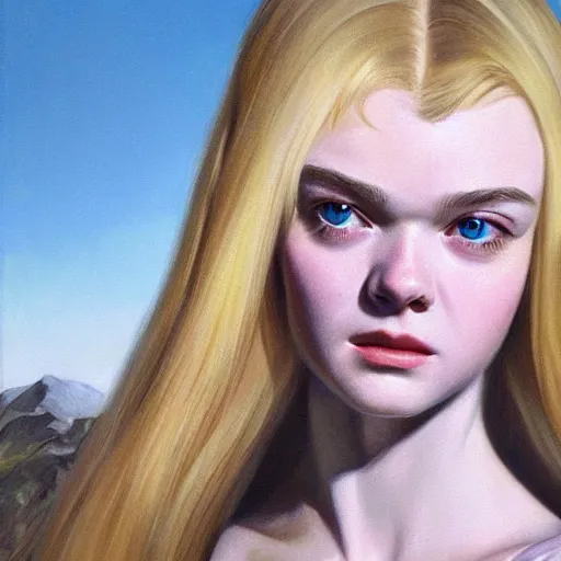 Prompt: ultra realistic portrait painting of elle fanning in halo 2, art by frank frazetta, 4 k, ultra realistic, highly detailed, epic lighting