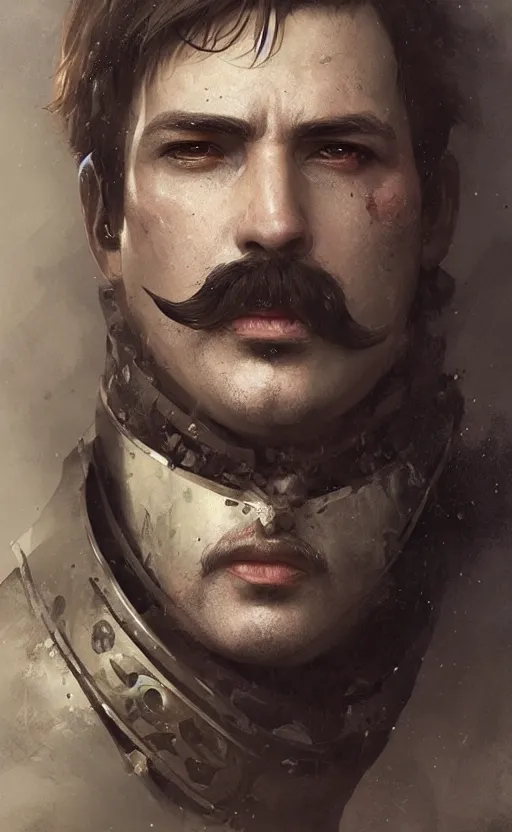 Image similar to Portrait of a middle aged Knight with a moustache, male, detailed face, fantasy, highly detailed, cinematic lighting, digital art painting by greg rutkowski