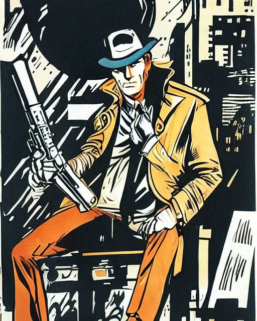 Image similar to detective with revolver, wearing trenchcoat, 1 9 7 0 s nyc, rainy, artwork by frank miller