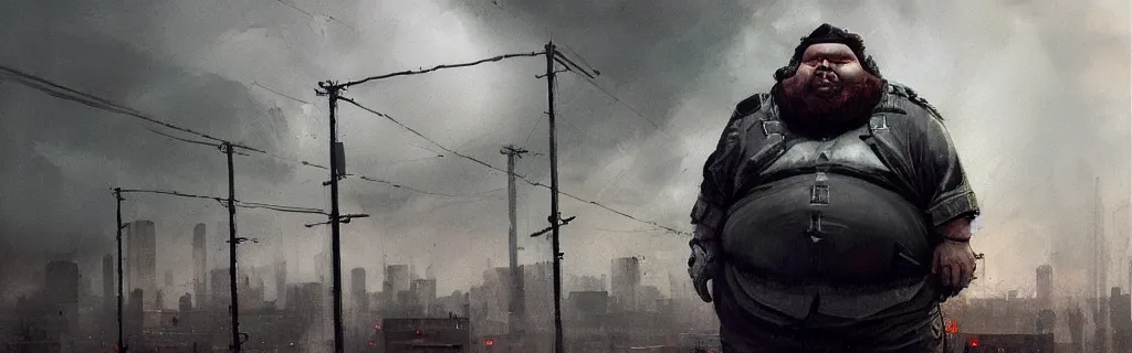 Image similar to portrait of a fat man sci fi soldier ranger, brutalist city architecture, dark epic, cables and wires, high details, ceremonial clouds, dripping paint, fibonacci rhythm, artstation, art germ, wlop, pablo dominguez, sabbas apterus, award - winning, artstation