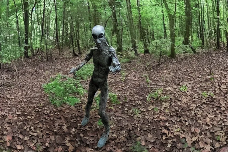 Image similar to trail cam footage of a grey alien creeping through a forest