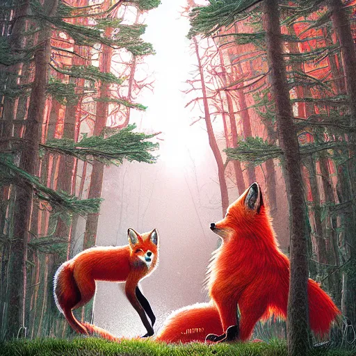 Image similar to a red fox and a ginger teen girl at dark forest where trees are huge, ultra realistic by ori toor and escher