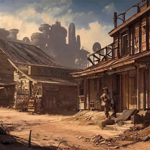 Image similar to painting of an old west town, ultra realistic, concept art, intricate details, eerie, highly detailed, fallout, wasteland, photorealistic, octane render, 8 k, unreal engine 5. art by artgerm and greg rutkowski and alphonse mucha