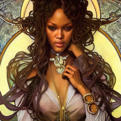 Prompt: realistic detailed face portrait of Tyra Banks by Alphonse Mucha, Ayami Kojima, Amano, Charlie Bowater, Karol Bak, Greg Hildebrandt, Jean Delville, and Mark Brooks, Art Nouveau, Neo-Gothic, gothic, rich deep moody colors