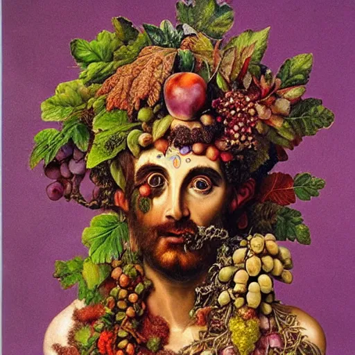 Prompt: psychedelic beautiful god dionysus with leaves and grape in his hair by arcimboldo
