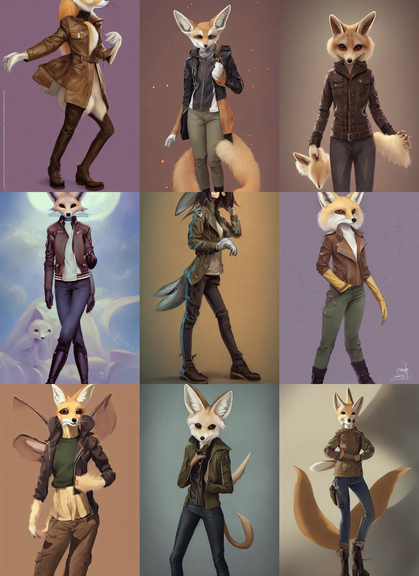 Prompt: beautiful portrait of a female anthropomorphic fennec fox fursona wearing a leather jacket. leather gloves. leather boots. khaki cargo pants. character design by charlie bowater, ross tran, artgerm, and makoto shinkai, detailed, soft lighting, rendered in octane