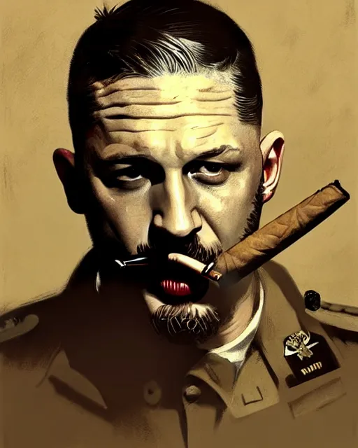 Image similar to tom hardy as a veteran soldier in vietnam, wounded, smoking a cigar | | realistic shaded, fine details, fine - face, realistic shaded lighting painting by greg rutkowski, diego gisbert llorens, magali villeneuve, artgerm, jeremy lipkin, michael garmash, rob rey