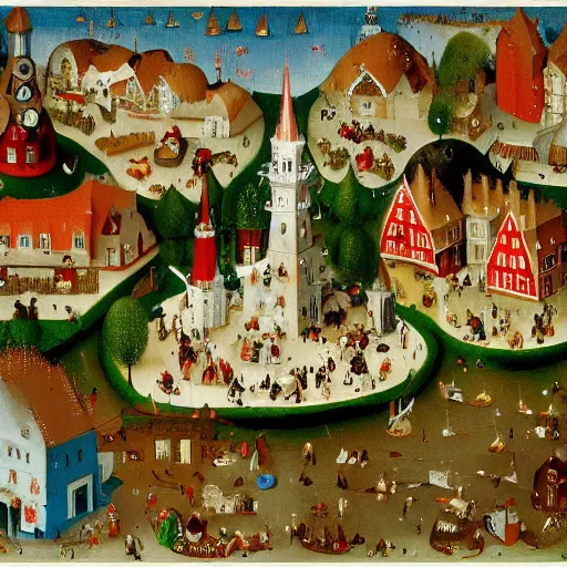 Prompt: santas village by hieronymus bosch, isometric view, whimsical, colorful,