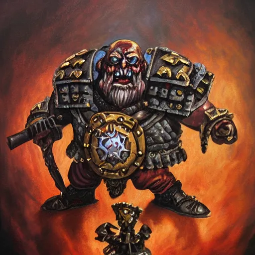 Image similar to chaos dwarf smith in the style of warhammer fantasy : : head and torso oil painting