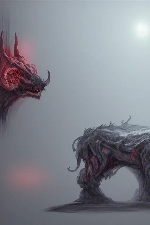 Image similar to an infernal biped creature portrait in an hell landscape, volumetric fog, concept art