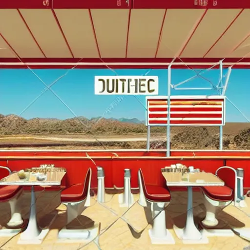 Image similar to photorealistic 1960s diner cafe in the middle of a desert,